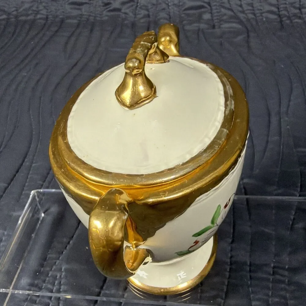 Vintage Porcelain Covered Sugar Bowl Dogwood Flowers Gold Trim Handles Lid